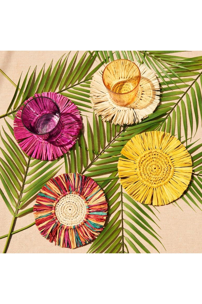 Pahiyas Woven Fringe Raffia Coasters Rainbow - Set of 4, Alternate, color, Natural