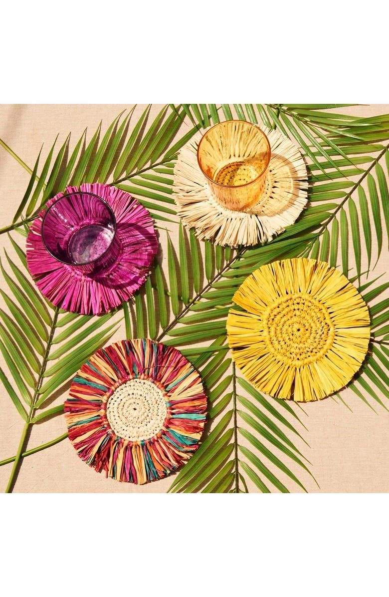 Kubo Pahiyas Woven Fringe Raffia Coasters Rainbow - Set of 4, Alternate, color, Natural