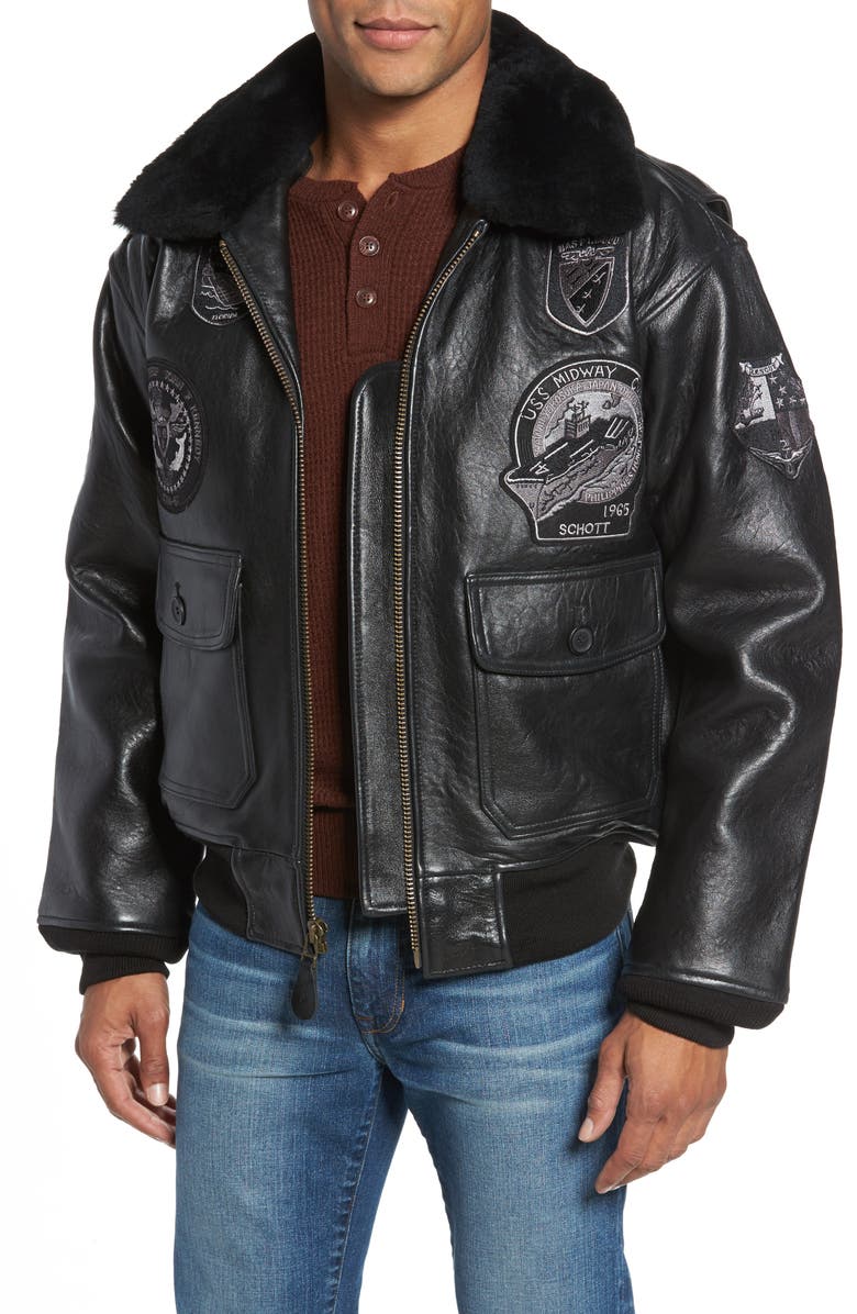 Schott NYC Genuine Shearling Collar G-1 Flight Jacket, Main, color, 