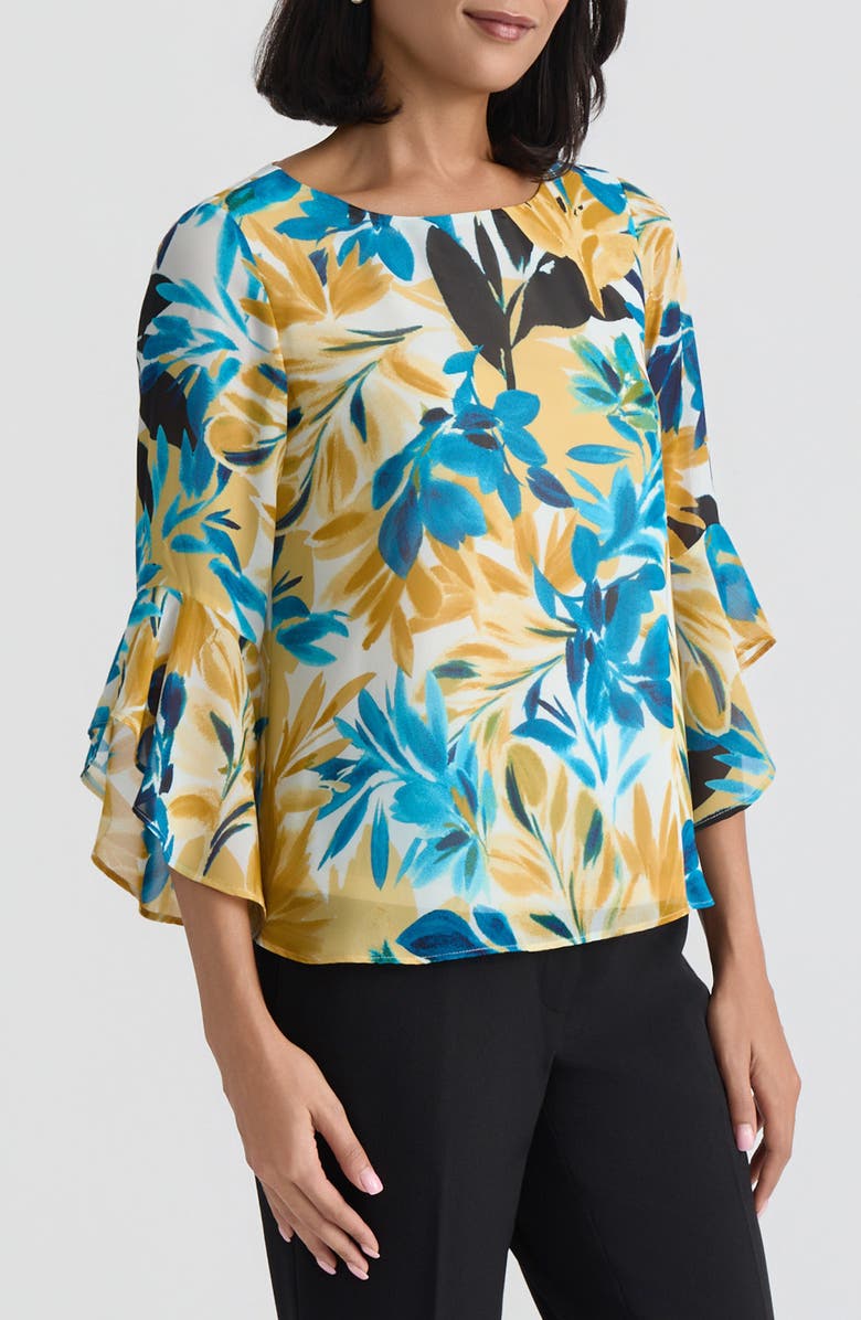 KASPER Floral Print Ruffle Sleeve Top, Alternate, color, Butterscotch Multi