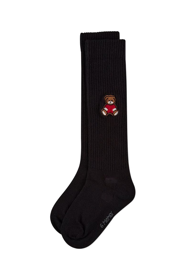 Ribbed Knee High Sock with Embroidered Teddy Bear, Alternate, color, Black