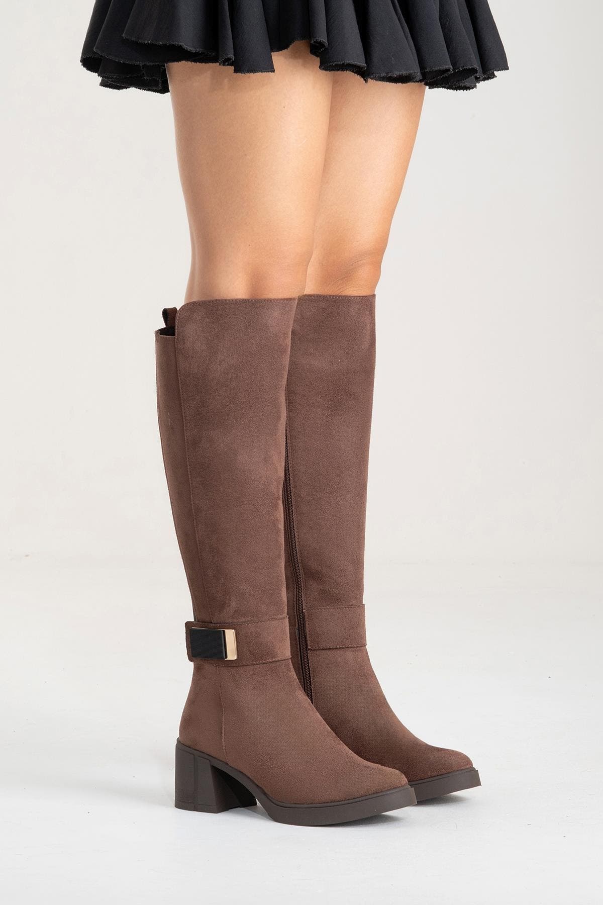 Moreni Stretch Buckle Block Heel Knee High Boot, Alternate, color, Brown Suede Faux Leather