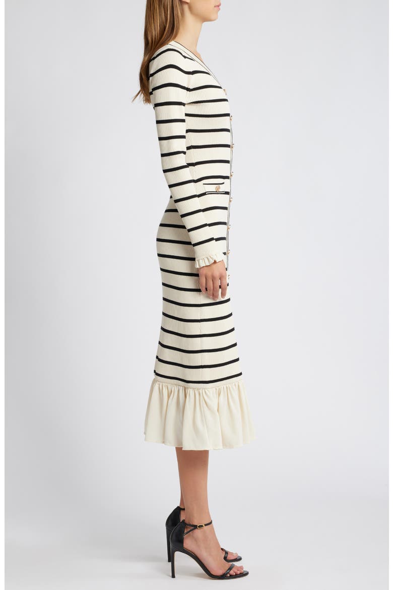 Stripe Ruffle Trim Long Sleeve Sweater Dress, Alternate, color, OATMEAL/ BLACK