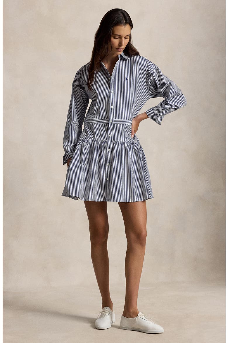 Long Sleeve Stripe Poplin Mini Shirtdress, Alternate, color, WHITE/ FALL ROYAL