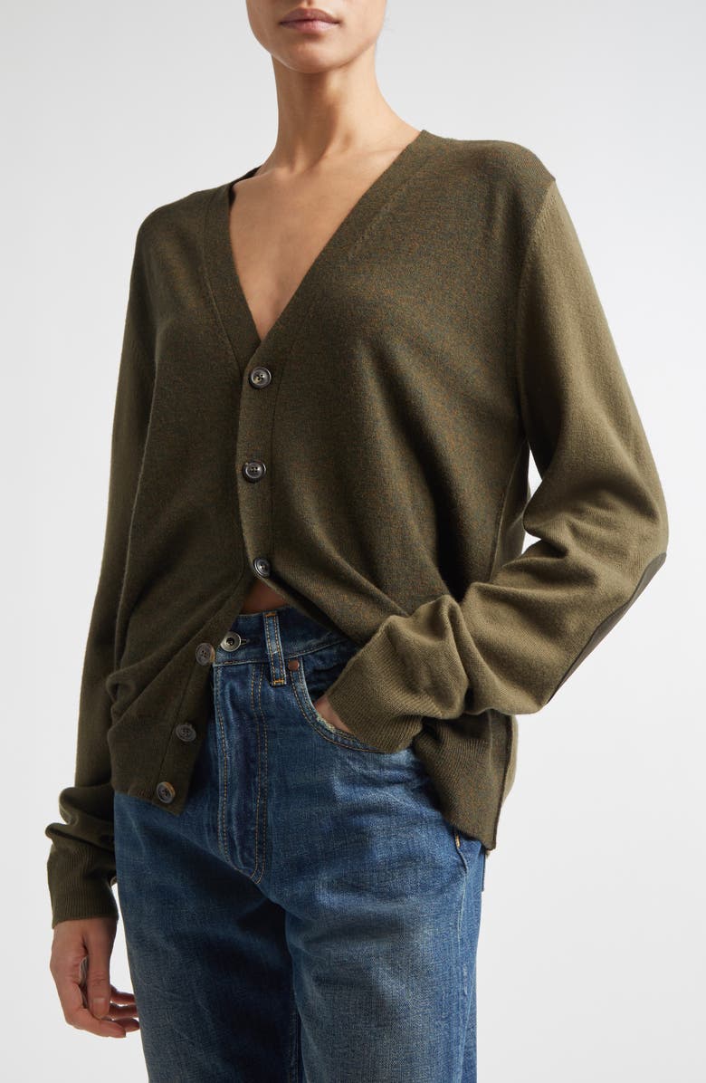 Maison Margiela Colorblock Elbow Patch Wool V-Neck Cardigan, Alternate, color, Military Green/ Dark Green