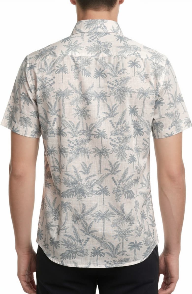 Report Collection Tropical Print Short Sleeve Linen & Cotton Button-Up Shirt, Alternate, color, White
