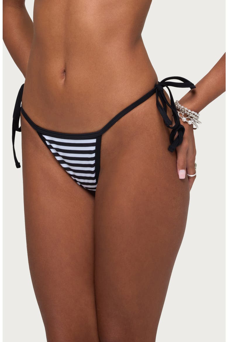 Mckayla Stripe Side Tie String Bikini Bottoms, Alternate, color, BLACK-AND-WHITE