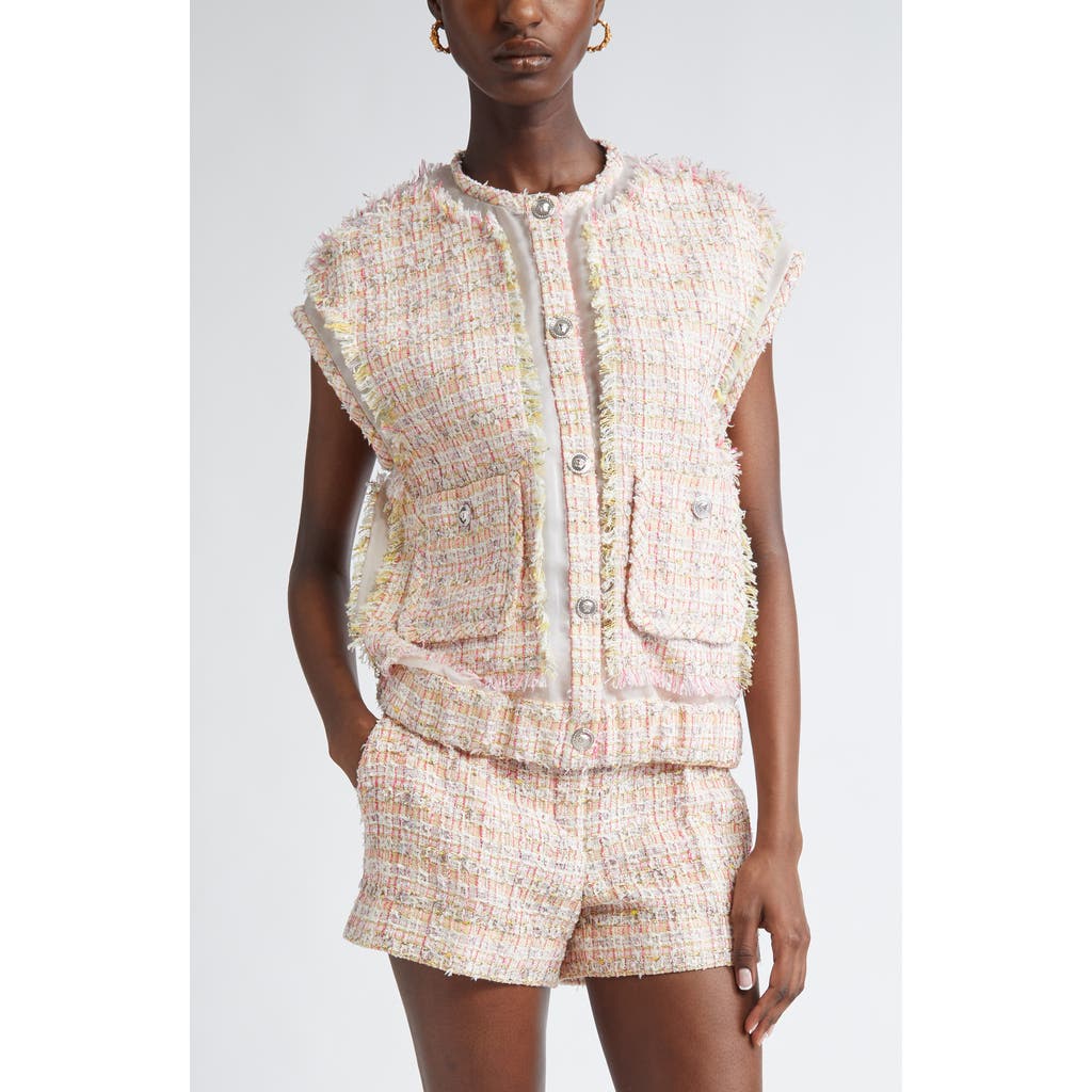 Shop Versace Fancy Metallic Tweed Vest In Pastel Pink White