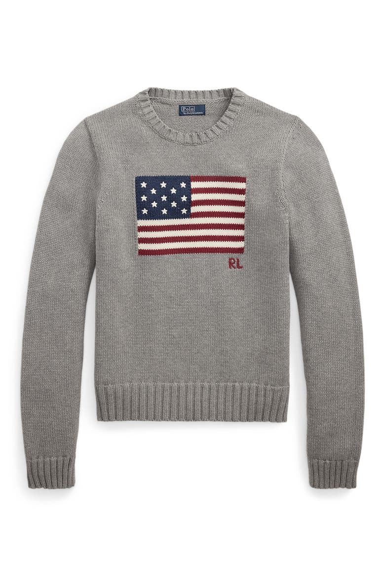Flag Intarsia Cotton Crewneck Sweater, Alternate, color, DRIFT GREY MELANGE