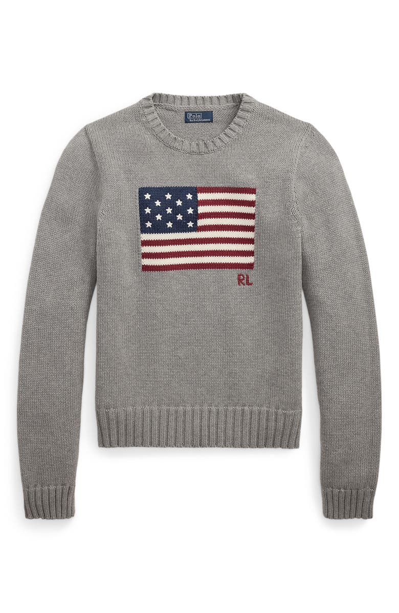 Polo Ralph Lauren Flag Intarsia Cotton Crewneck Sweater, Alternate, color, Drift Grey Melange