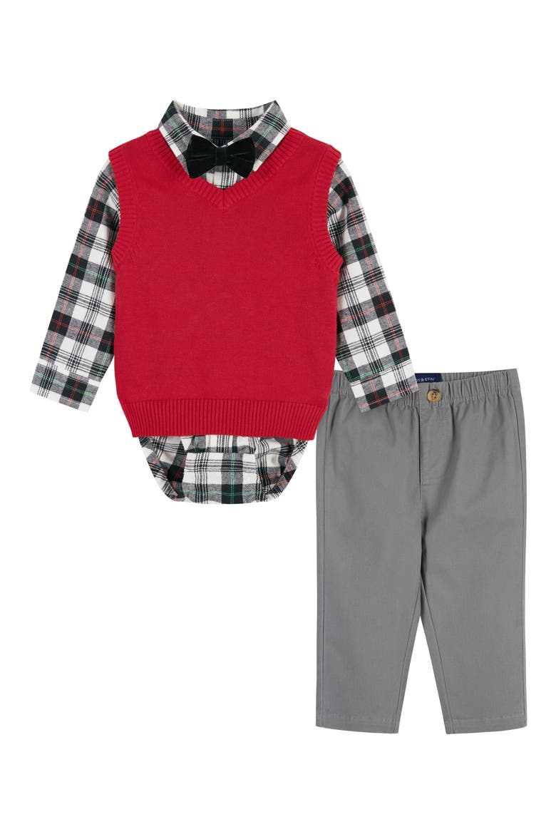 Plaid Bodysuit, Cotton Sweater Vest, Bow Tie & Pants Set, Main, color, WHITE PLAID