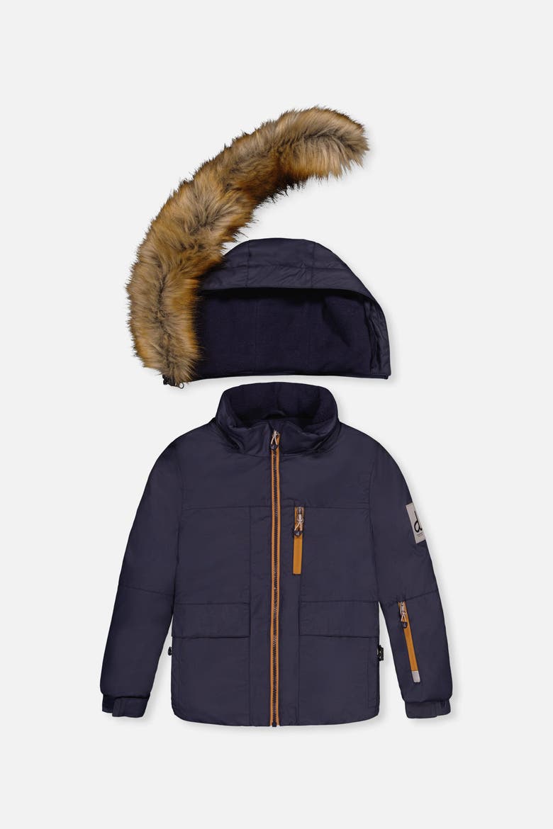 Play Faux Fur Hood Jacket & Pants Two Piece Snowsuit, Alternate, color, Navy Blue and Brown