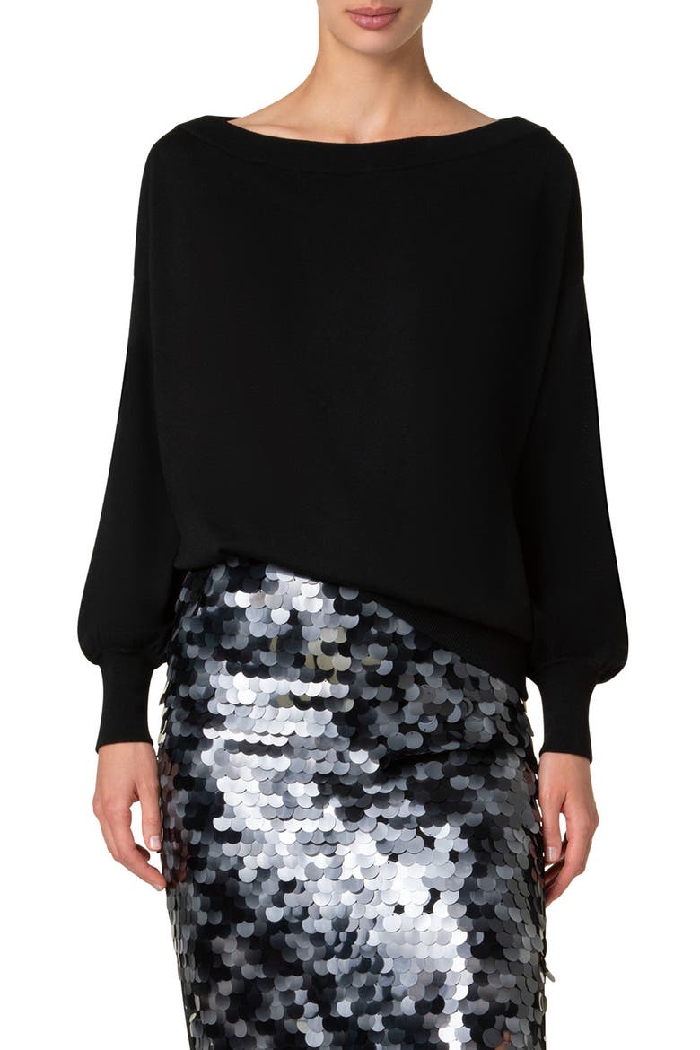 Oversize Boat Neck Virgin Wool Sweater, Main, color, BLACK