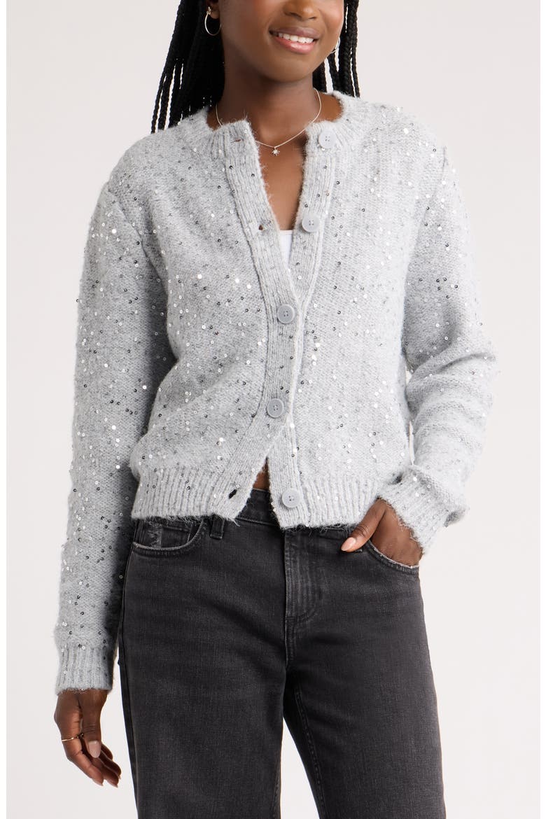Sequin Bouclé Cardigan, Main, color, GREY SOFT HEATHER