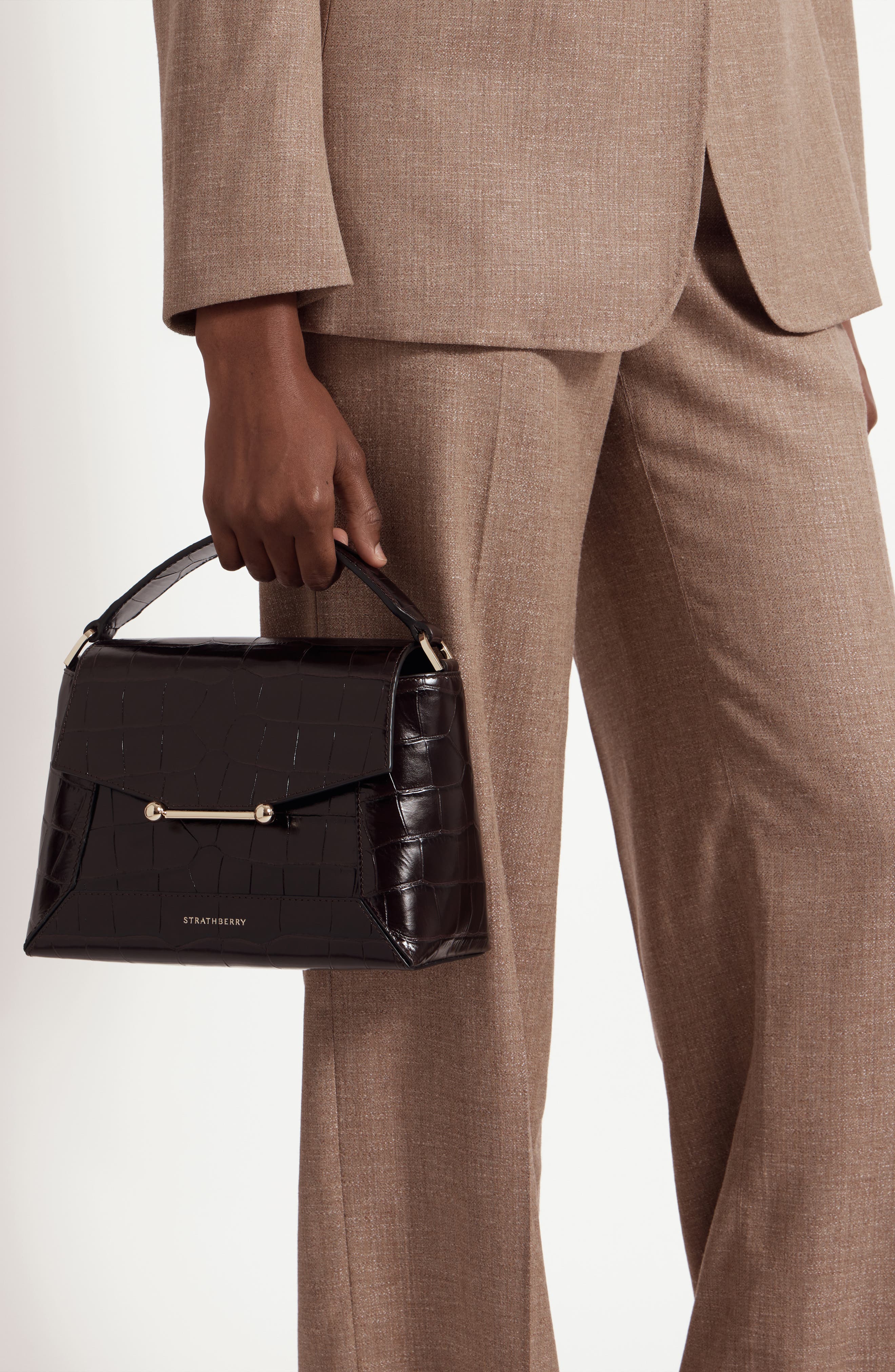 Strathberry Mosaic Croc Embossed Leather Top Handle Bag, Alternate, color, Mahogany