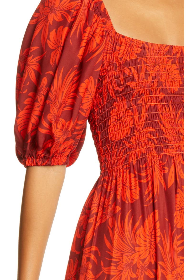 Smocked Bodice Silk Maxi Dress, Alternate, color, RAISIN/ POPPY PALM
