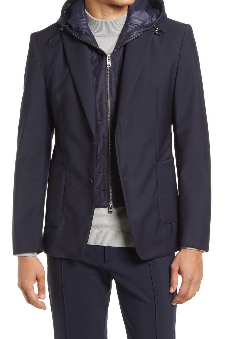 Hanry Wool Blend Blazer with Hooded Bib, Main, color, DARK BLUE
