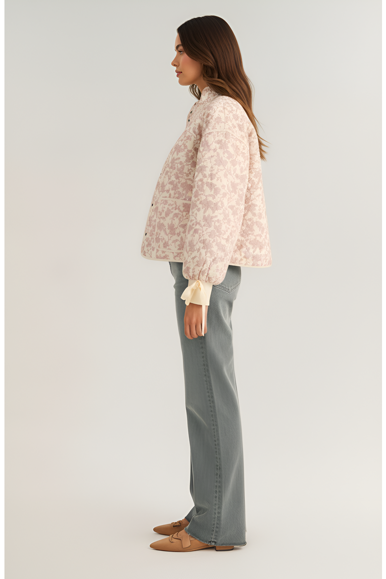 Floral Quilted Jacket with Puff Sleeves and Satin Bow Cuffs, Alternate, color, Light Pink Floral