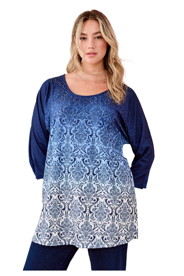Three Quarter Sleeve Embellished Tunic, Main, color, BLUE MEDALLION OMBRE