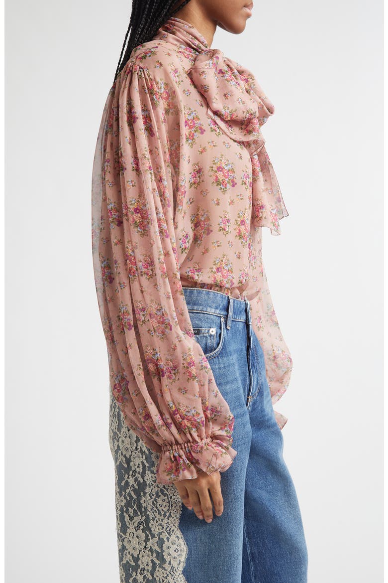 Floral Bouquets Silk Chiffon Tie Neck Shirt, Alternate, color, MAZZOLINI FIORI FROS