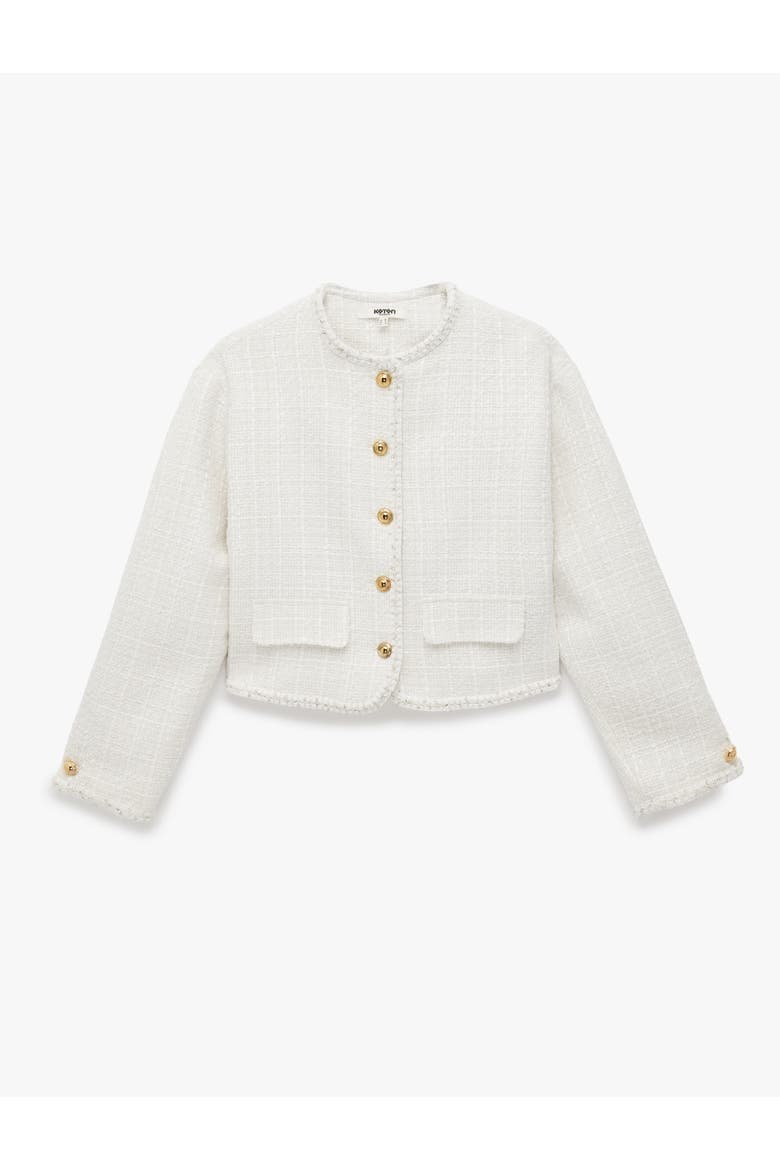 Crew Neck Long Sleeve Tweed Jacket With Jeweled Buttons, Alternate, color, ECRU