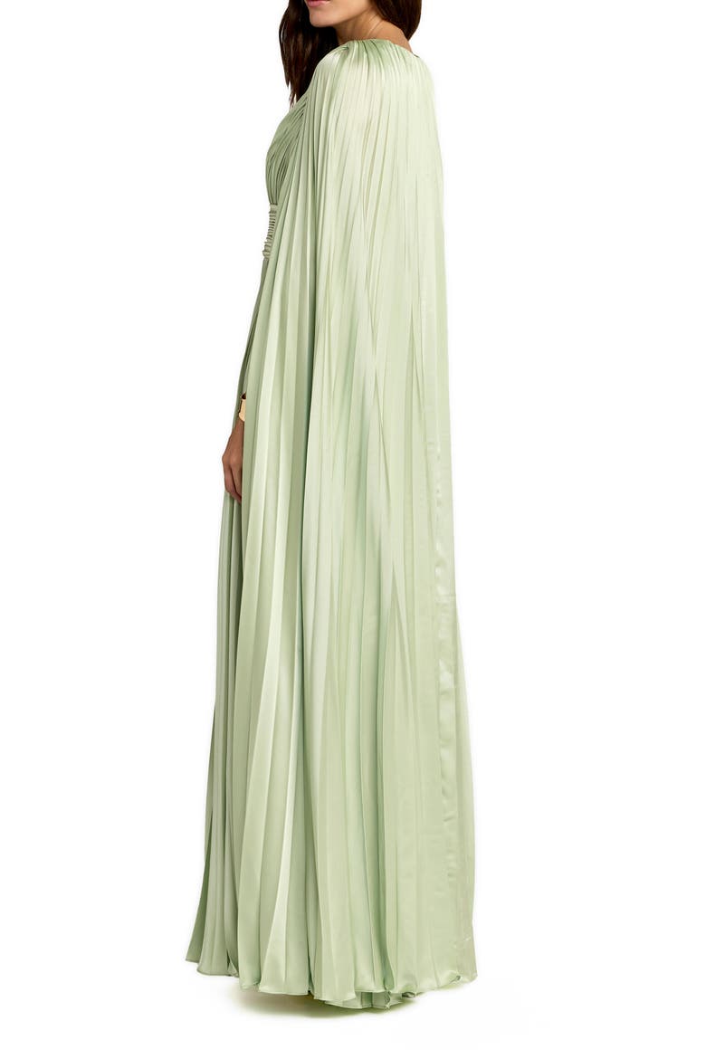 Pleated Charmeuse V-Neck Gown with Cape Sleeves, Alternate, color, Sage
