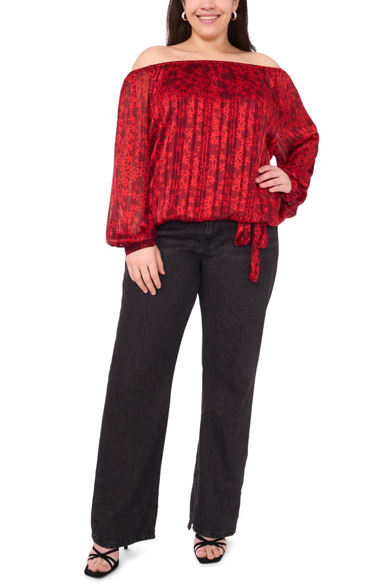 Floral Metallic Print Off the Shoulder Top, Alternate, color, CRIMSON