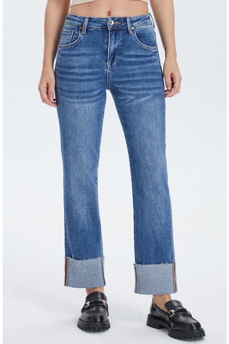 High Waist Cuffed Raw Hem Straight Leg Jeans, Main, color, SURF BLUE