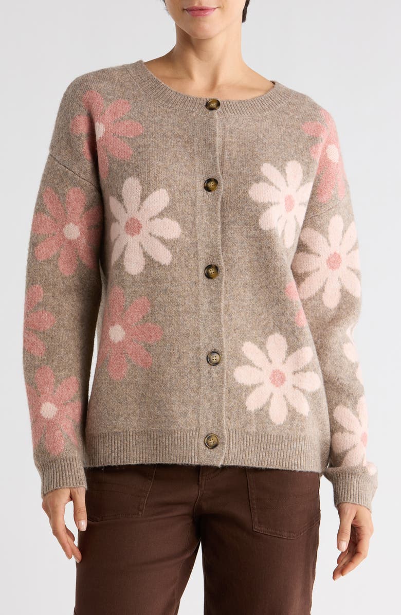 Bobeau Daisy Jacquard Cardigan, Main, color, Dark Oatmeal