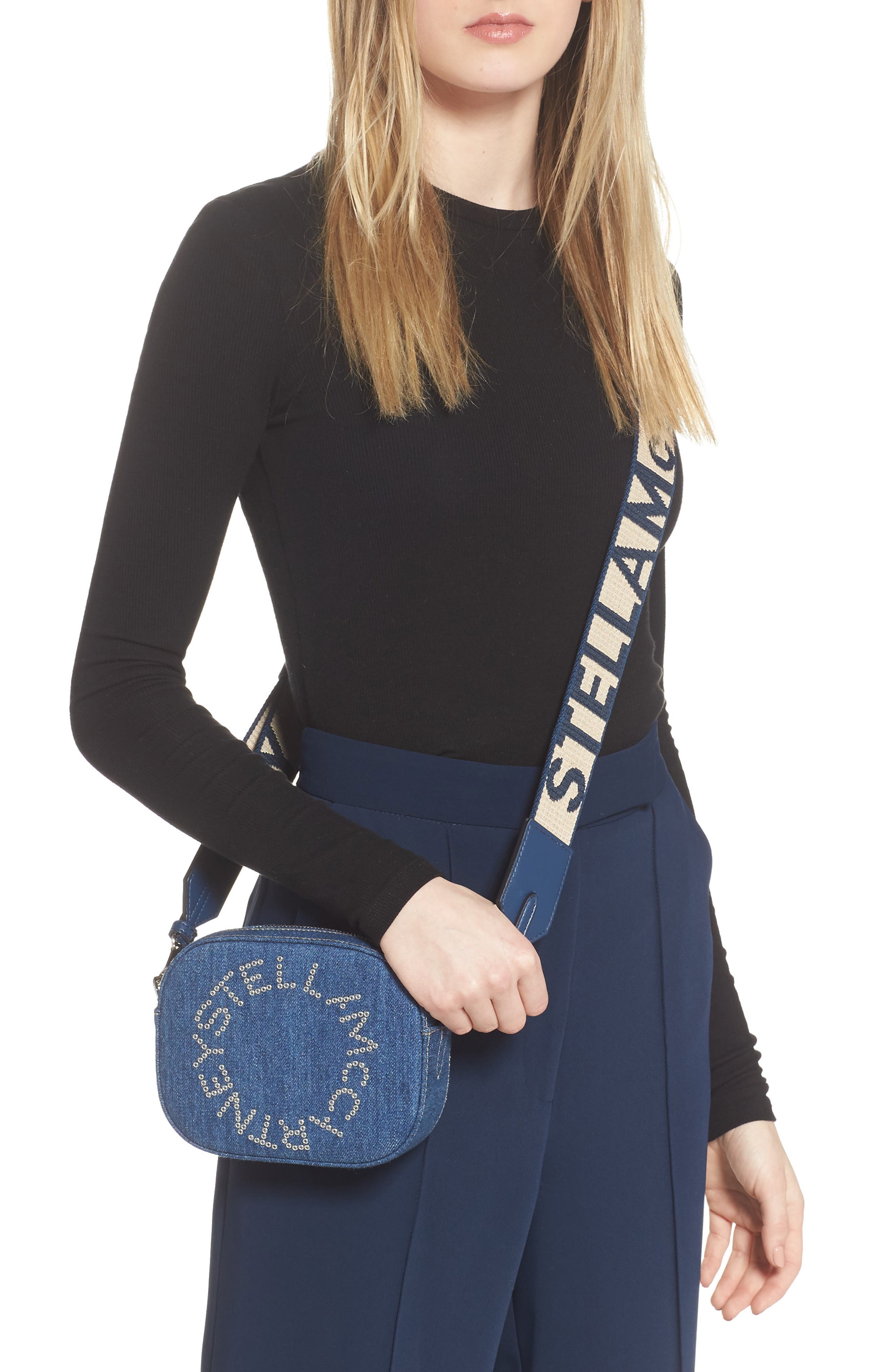 Stella McCartney Eco Studded Logo Organic Denim Belt Bag, Alternate, color, 