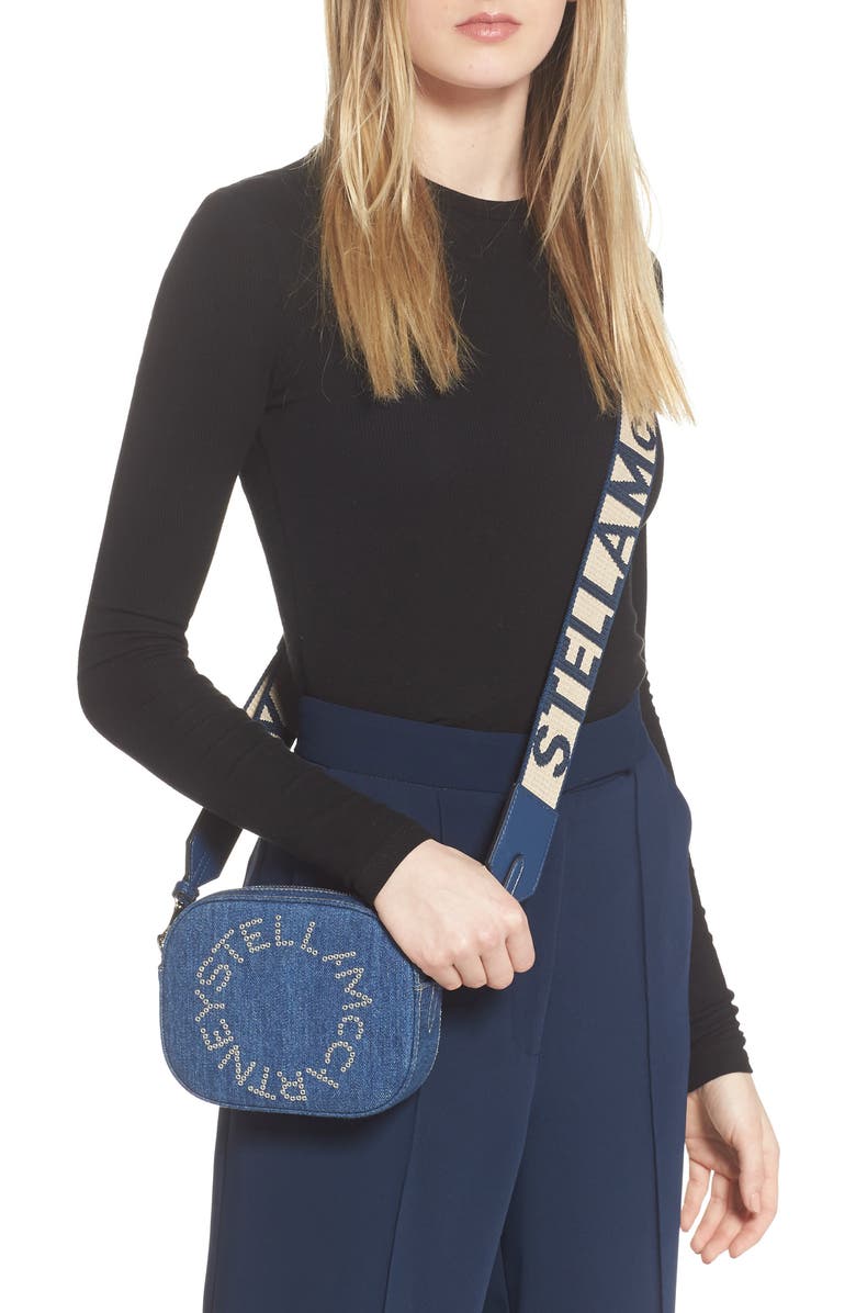 Stella McCartney Eco Studded Logo Organic Denim Belt Bag, Alternate, color,