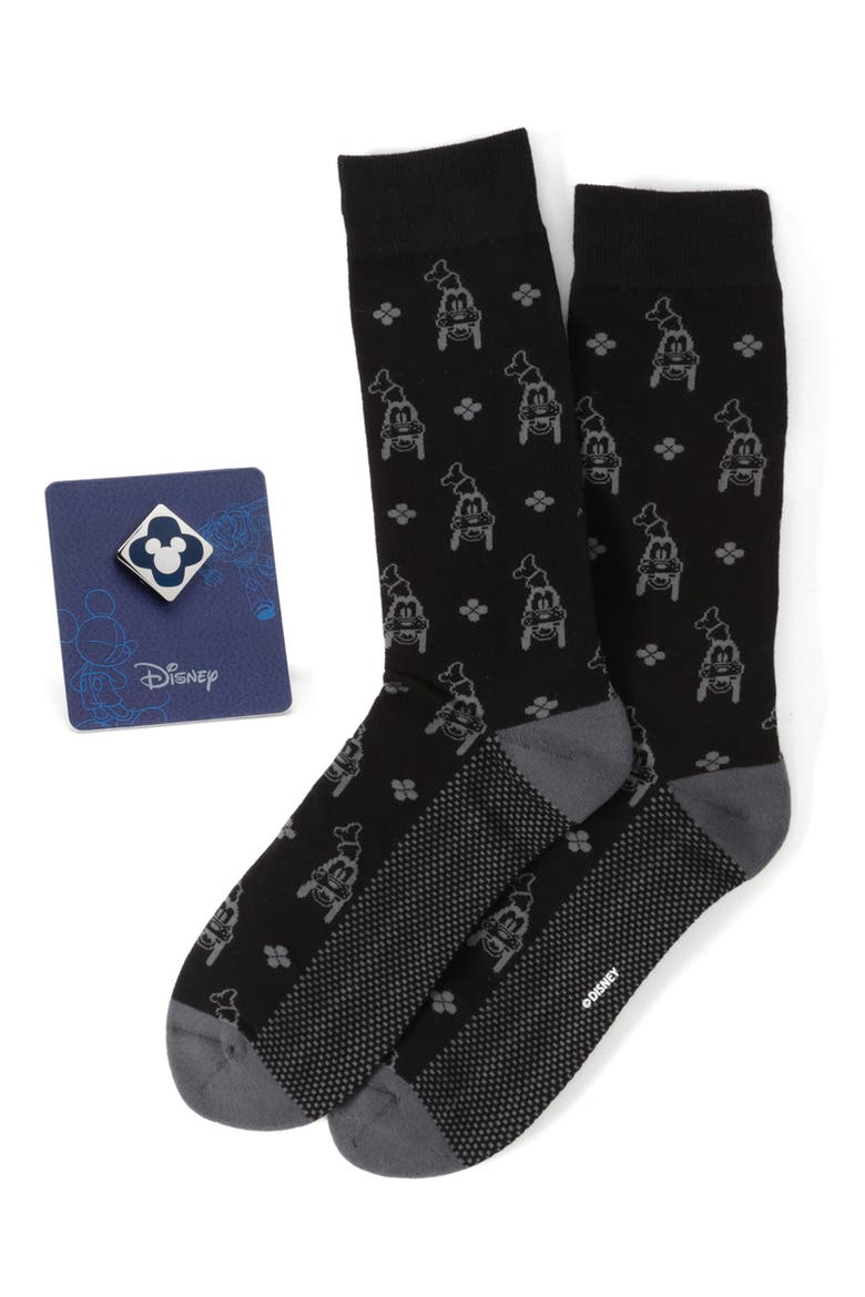 x Disney Goofy Cotton Blend Dress Socks & Lapel Pin Set, Main, color, BLACK MULTI