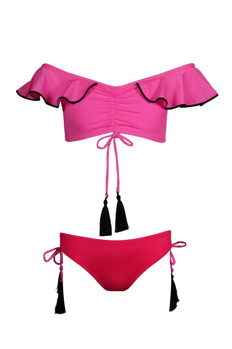 Kids' Off-Shoulder Bikini with Gathered Front & Tassel Ties, Main, color, Pink-Red