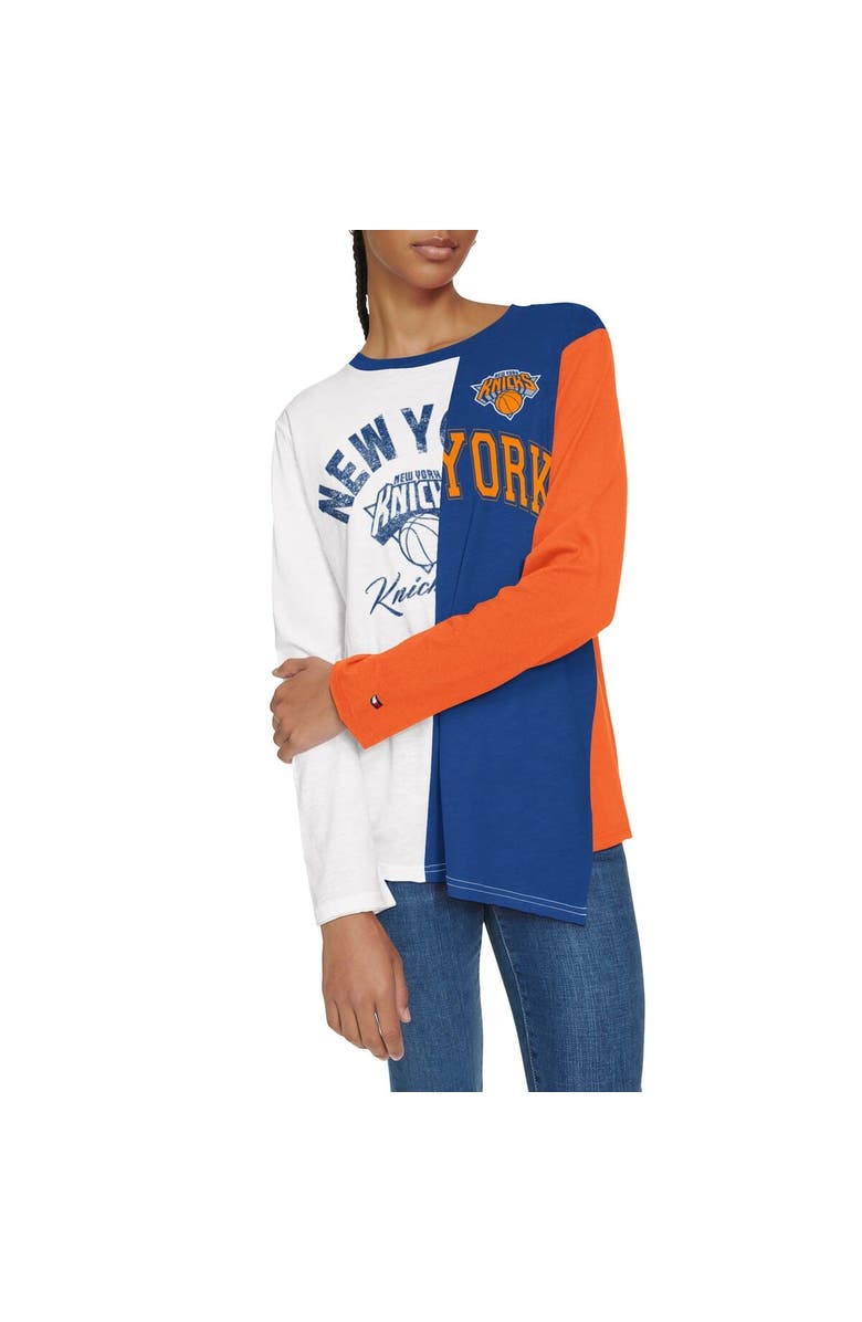 TOMMY JEANS Women's Tommy Jeans White/Blue New York Knicks Amelia Color Blocked Long Sleeve T-Shirt, Alternate, color,