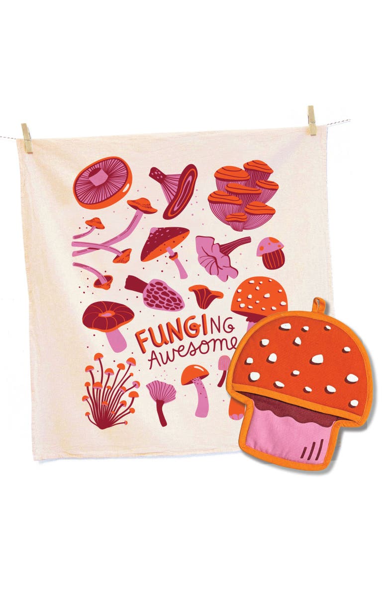The Neighborgoods Mushroom Tea Towel and Pot Holder Set, Main, color, Orange