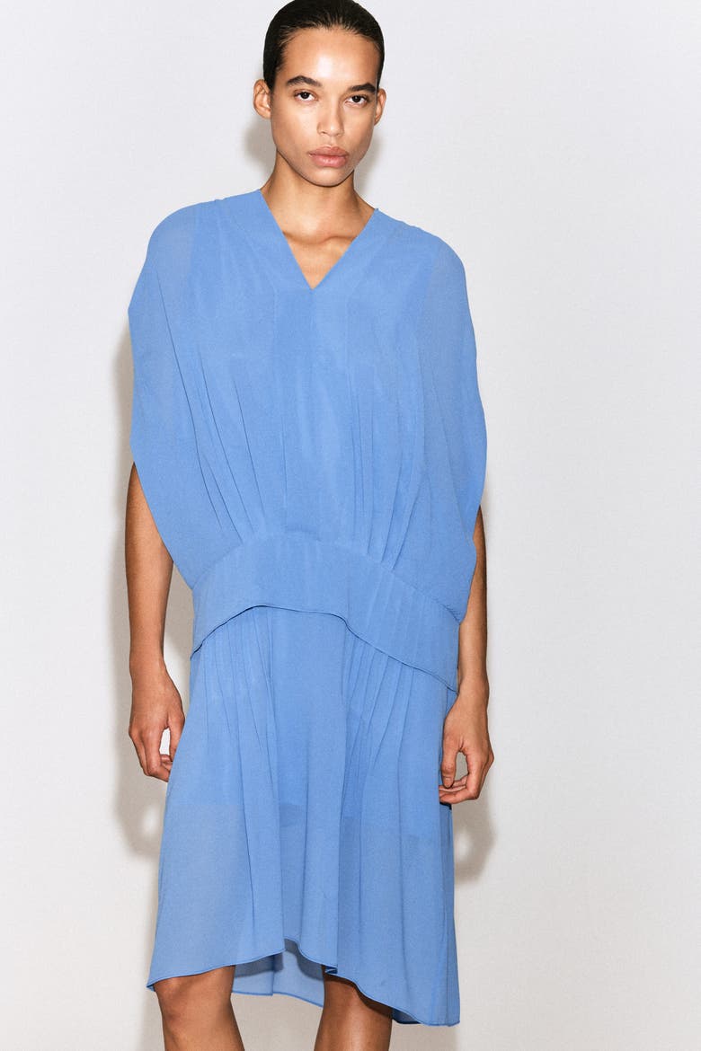 Draped Pleated V-Neck Midi Dress, Alternate, color, BLUE