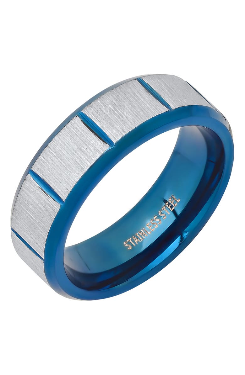HMY JEWELRY Men's Two-Tone Blue Ion Plated Stainless Steel Brushed Band Ring, Alternate, color, 