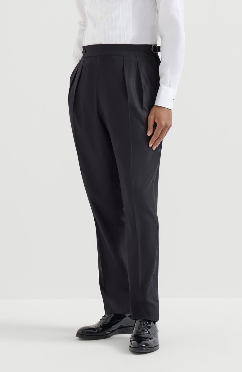 Brunello Cucinelli Virgin wool and silk lightweight twill tuxedo trousers with double pleats and waist tabs, Main, color, Navy Blue