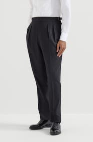 Brunello Cucinelli Virgin wool and silk lightweight twill tuxedo trousers with double pleats and waist tabs