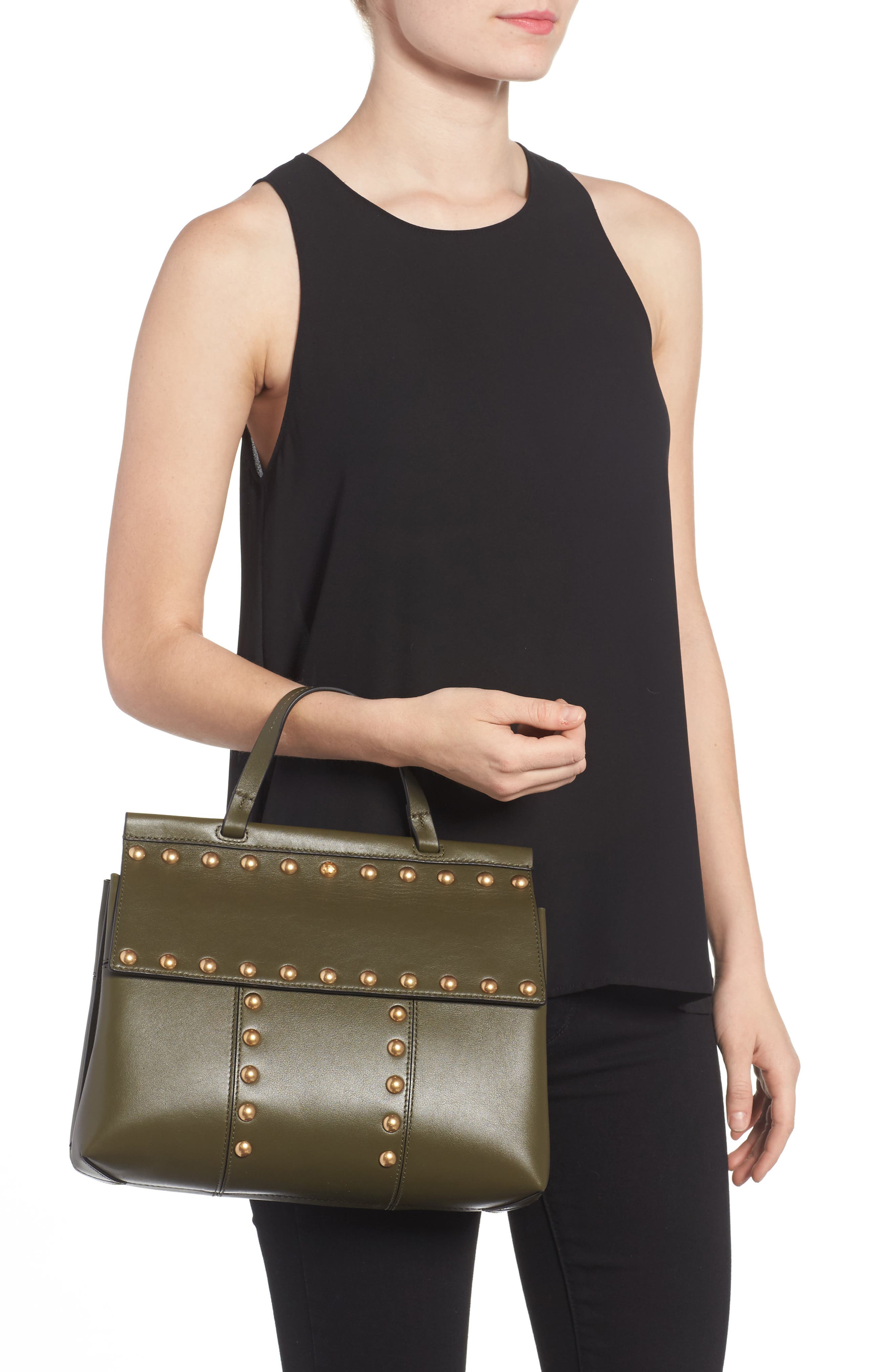 Tory Burch Block-T Studded Leather Top Handle Satchel, Alternate, color, 