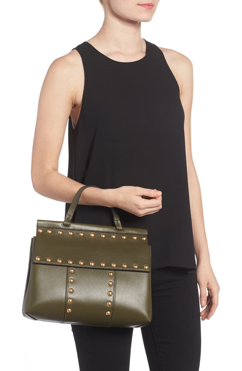 Tory Burch Block-T Studded Leather Top Handle Satchel, Alternate, color,