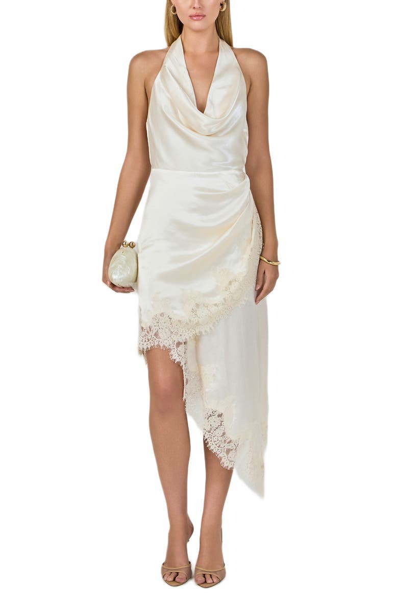 Lace Satin Asymmetric Halter Midi Dress, Main, color, CHAMPAGNE