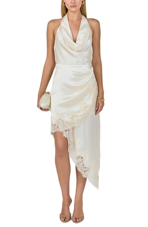 Lace Satin Asymmetric Halter Midi Dress