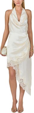 Endless Rose Lace Satin Asymmetric Halter Midi Dress