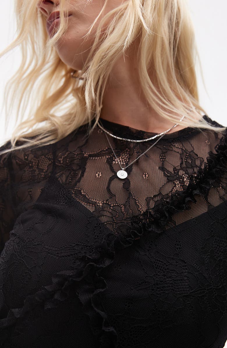 Topshop Lace & Ruffle Long Sleeve Maxi Dress, Alternate, color, Black