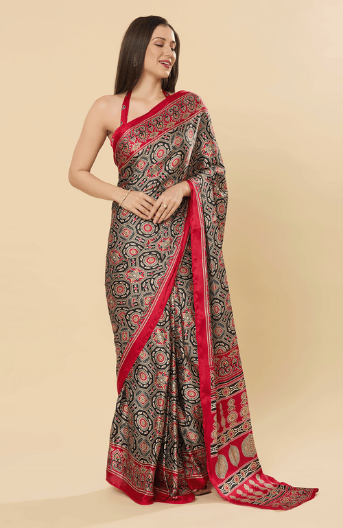 One Minute Saree® Zoya Ajrakh Red Pre-draped Satin Printed Saree