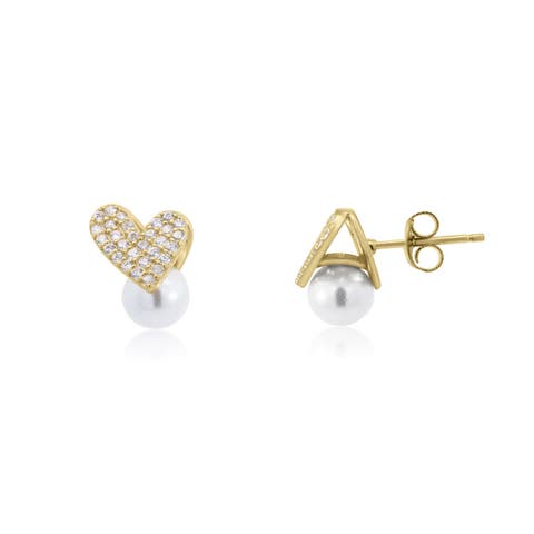 Pearl Heart CZ Stud Earrings