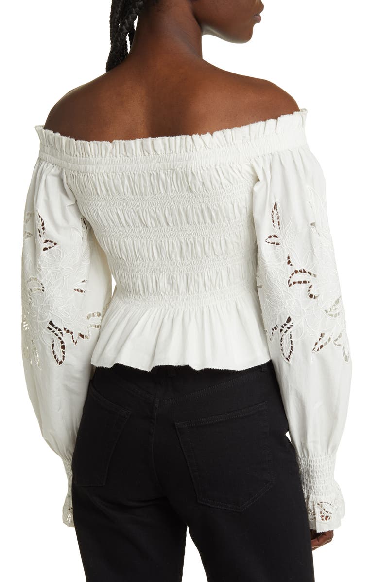 AllSaints Lara Smocked Eyelet Embroidered Off the Shoulder Top, Alternate, color,