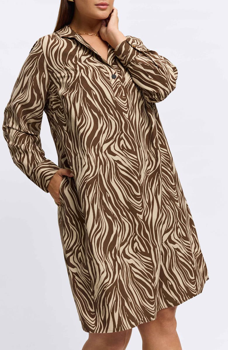 Foxcroft Sloane Zebra Print Long Sleeve Corduroy Shirtdress, Alternate, color, Brown