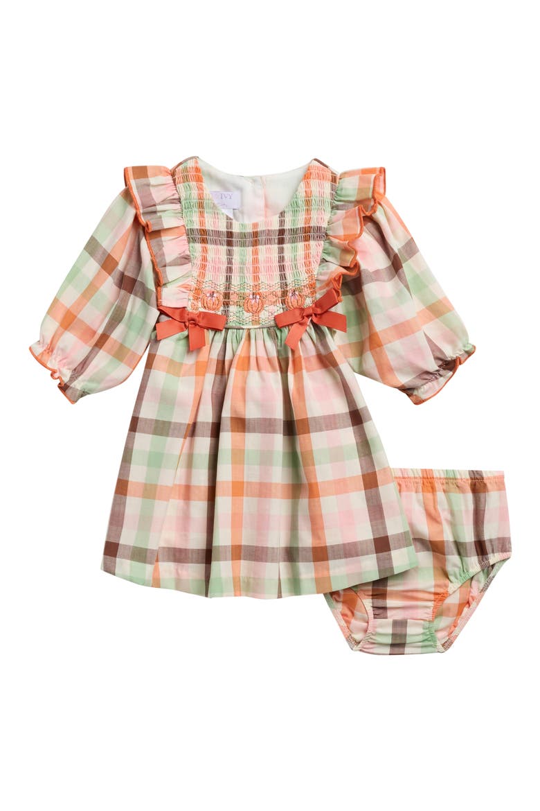 Harvest Plaid Smocked Long Sleeve Cotton Dress with Bloomers, Main, color, MULTI PINK